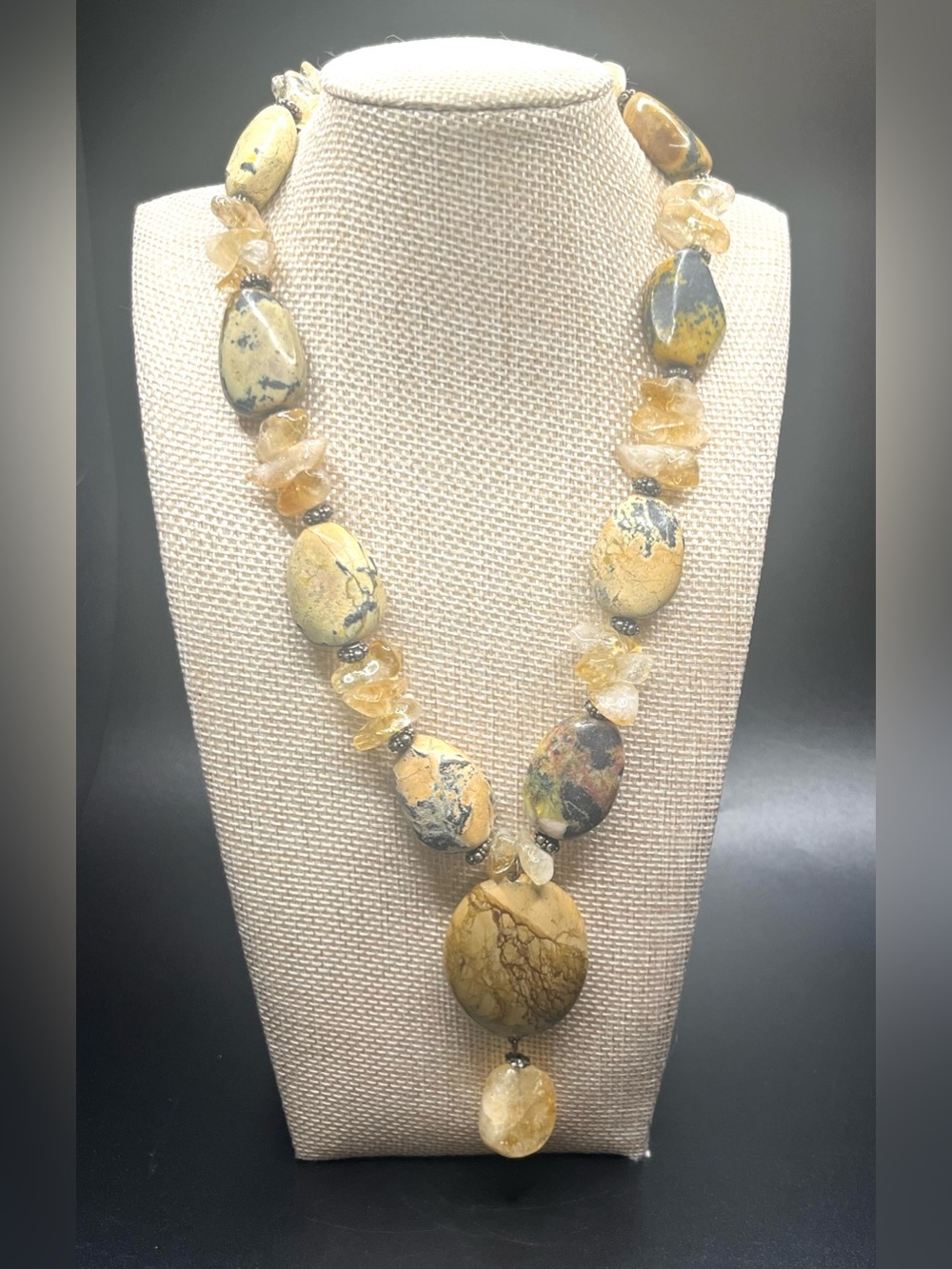 Vintage Jasper & Quartz Statement Necklace Large Pendant Genuine Stone. Gorgeous